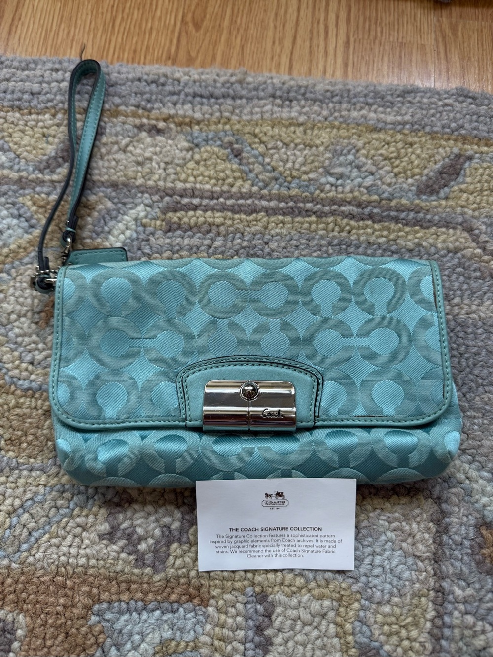 Coach Kristin Signature Jacquard Tiffany Green Turnlock Wristlet